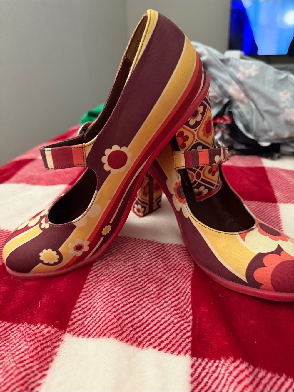 Retro Floral Mary Jane Heels in Burgundy and Yellow shoes hot chocolate 39
